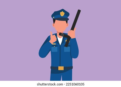 Dibujar al estilo plano dibujando a un policía atractivo con el bastón de la policía con el gesto de los pulgares hacia arriba y con el uniforme completo listo para imponer la disciplina de tráfico en la autopista. Ilustración vectorial de diseño gráfico