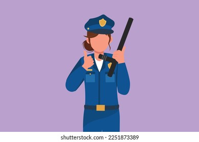 Caricatura de estilo plano dibujando a una atractiva mujer policía con el bastón de la policía con el gesto de los pulgares hacia arriba y con el uniforme completo listo para imponer la disciplina del tráfico en la autopista. Ilustración vectorial de diseño gráfico