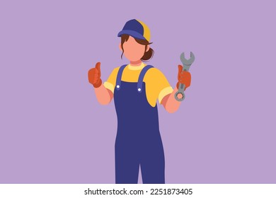 Cartoon flat style drawing attractive female mechanic holding wrench with thumbs up gesture and ready to perform maintenance on the vehicle engine or transportation. Graphic design vector illustration