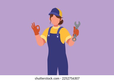 Cartoon flat style drawing of attractive female mechanic holding wrench with okay gesture and ready to perform maintenance on the vehicle engine or transportation. Graphic design vector illustration