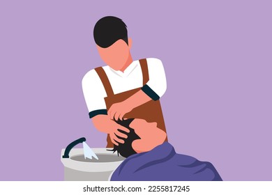 Cartoon flat style drawing attractive male is getting modern haircut in barber shop. Side view of young man getting his hair washed and head massaged in hair salon. Graphic design vector illustration