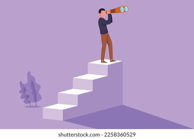 Dibujo de caricatura de estilo plano de un atractivo hombre de negocios en las escaleras con binoculares. Concepto de visión en los negocios. Dirección, estrategia, misión, objetivos. Ilustración vectorial de diseño gráfico