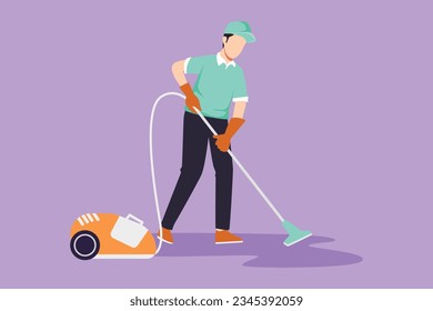 Dibujo de caricatura de estilo plano atractivo hombre profesional ocupado janitor aspirador limpieza en interiores, limpieza de oficina en el piso, joven, feliz, con uniforme, guantes protectores. Ilustración vectorial de diseño gráfico