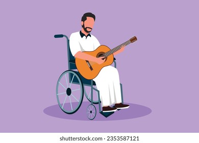 Cartoon flat style drawing attractive Arab man sit in wheelchair with acoustic guitar play music and sing song. Physically disabled. Rehabilitation center patient. Graphic design vector illustration