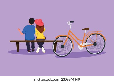 Cartoon flat style drawing back view romantic couple talking while sitting bench at park  Happy man woman riding an electric bike  Evening walk by the river  Graphic design vector illustration