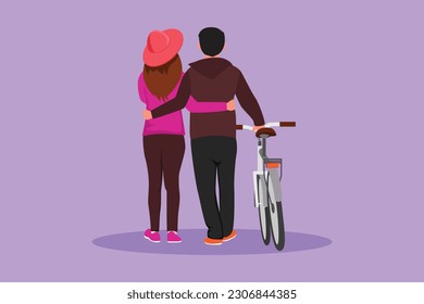 Cartoon flat style drawing back view of young couple with bicycle walking in park on sunny autumn day. Cheerful man and woman in love. Happy romantic married couple. Graphic design vector illustration