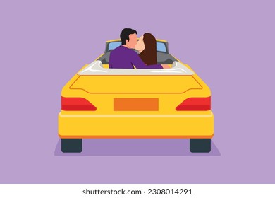 Cartoon flat style drawing back view of two romantic lovers sitting in vintage car. Happy man and woman hugging and kissing each other and celebrating anniversary. Graphic design vector illustration