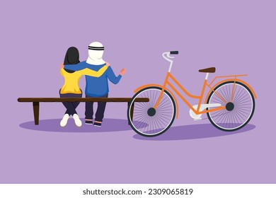 Cartoon flat style drawing back view romantic Arabian couple talking while sitting bench at park  Man woman riding an electric bike  Evening walk by the river  Graphic design vector illustration