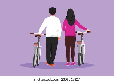 Viñeta de estilo plano que retrotrae la romántica pareja caminando junto con la bicicleta en el parque al aire libre. Hombre y mujer árabe enamorado. Feliz pareja romántica casada. Ilustración vectorial de diseño gráfico