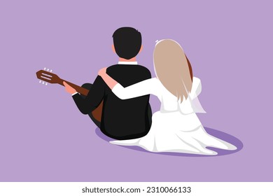 Cartoon flat style drawing back view married couple playing guitar and wedding dress  Hugging couple sitting at park and guitar  Romantic dating outdoor nature  Graphic design vector illustration