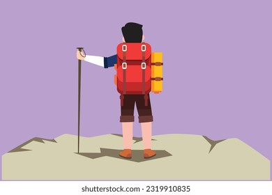 Cartoon flat style drawing back view of hiker with backpack on top of mountain. Trekking man looking for landscape. Happy climber reached the summit of the mountain. Graphic design vector illustration