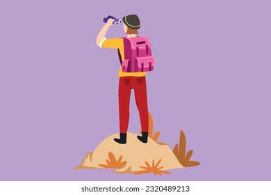 Cartoon flat style drawing back view of girl trekking on mountain. Young woman traveling in mountains, standing on top, looking in binoculars. Tourist outdoor scene. Graphic design vector illustration