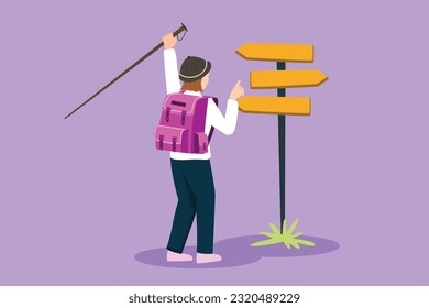 Cartoon flat style drawing back view of pretty woman hiker standing near direction sign or pointer. Girl with backpacks searching for location. Gets lost on nature. Graphic design vector illustration