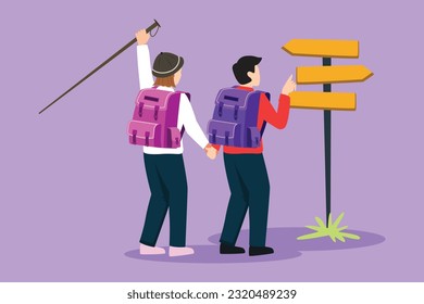 Cartoon flat style drawing back view of hikers couple man and woman with backpacks logo. Direction pointer, Hiking, traveling, trekking, walking trip, searching way. Graphic design vector illustration