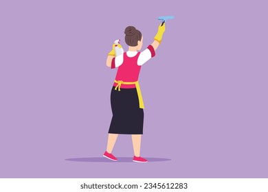 Dibujar dibujos planos estilo dibujo retrospectiva bonita mujer janitors limpiadores ventanas de limpieza con herramientas de limpieza. Empleado profesional del proceso de trabajo de la empresa de limpieza. Ilustración vectorial de diseño gráfico