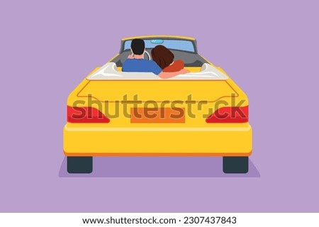 Cartoon flat style drawing back view loving couple sitting and hugging in convertible car. Happy man woman getting ready for wedding. Engagement and love relations Graphic design vector illustration