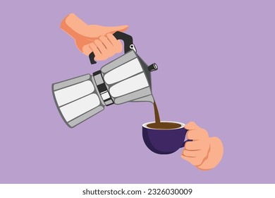 Cartoon flat style drawing barista pour espresso from moka pot. Moka coffee pot to make espresso on hand. Coffee in vintage. Barista coffee moka concept, logo, icon. Graphic design vector illustration