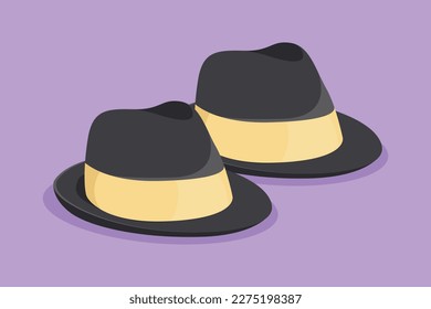 Cartoon flat style drawing beach hat panama icon, label, template, symbol. Fedora hat with tan leather band, indented crown and brims snapped up. Men head accessory. Graphic design vector illustration