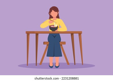 Cartoon flat style drawing beautiful girl enjoying her ramen noodle with spoon and chopstick. Young woman sitting on table and eating noodles in chinese restaurant. Graphic design vector illustration