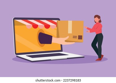 Cartoon flat style drawing beautiful woman receives package box from big hand that came out of large canopy laptop screen. Digital delivery and online store concept. Graphic design vector illustration