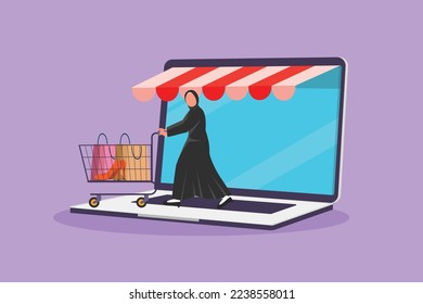 Dibujar a una mujer árabe hermosa saliendo de la pantalla de un portátil y empujando el carro de la compra. Venta, estilo de vida digital, consumismo, marketing. Tienda en línea. Ilustración vectorial de diseño gráfico