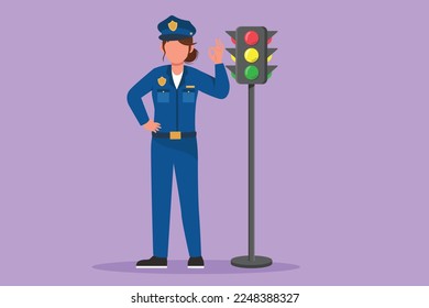Cartoon flach gezeichnet schöne Polizei-Frau in der Nähe der Ampel mit okay Geste und in vollem Uniform Arbeiten, um den Fahrzeugverkehr auf der Autobahn zu kontrollieren. Grafikdesign, Vektorgrafik