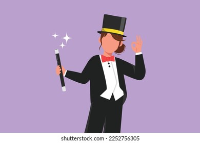 Cartoon flat style drawing beautiful female magician in tuxedo suit with okay gesture wearing hat and holding magic stick ready to entertain audience in circus show. Graphic design vector illustration