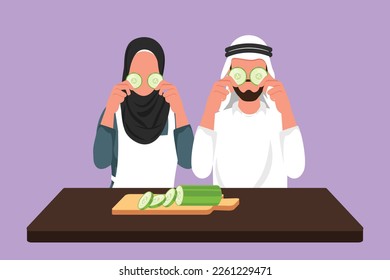 Cartoon flat style drawing beautiful wife and her husband are holding slices of cucumber while cooking in cozy kitchen at home. Happy Arab couple working together. Graphic design vector illustration