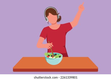 Cartoon flat style drawing beautiful woman platting fresh salad on bowl and listening music with headphone in kitchen. Cooking delicious meal. Prepare healthy food. Graphic design vector illustration