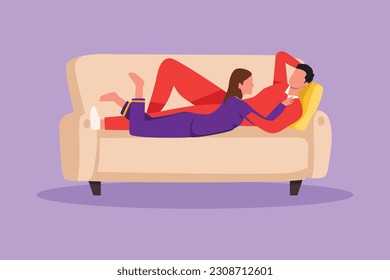 Cartoon flat style drawing beautiful woman and man in love lying and talking on comfortable couch. Romantic couple on cozy sofa relaxing together at home in evening. Graphic design vector illustration