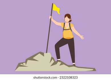 Cartoon flat style drawing beautiful woman climber standing on top of mountain with flag. Young smiling mountaineer climbing on rock. Adventure tourism trip symbol. Graphic design vector illustration