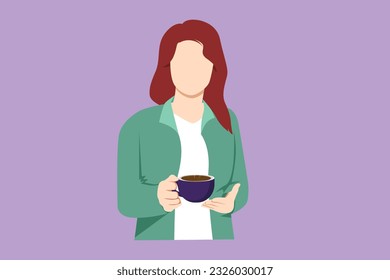 Cartoon flat style drawing of beautiful business woman holding and showing coffee cup sitting in the coffee shop. Business dress code. Enjoy relax time after office. Graphic design vector illustration