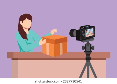Cartoon flat style drawing of beautiful female show unboxing received package in live at home. Pretty woman vlogger unboxing product and recording review on camera. Graphic design vector illustration
