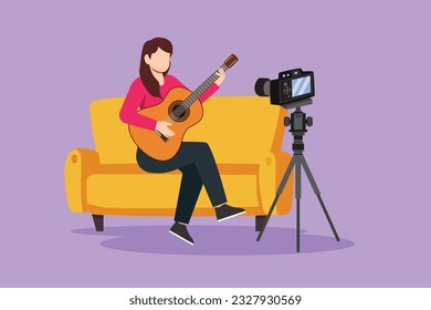 Cartoon flat style drawing of beautiful woman blogger recording and live steam playing guitar on social media. Concept of guitarist online lesson while stay at home. Graphic design vector illustration