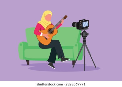 Cartoon flat style drawing beautiful Arab woman blogger recording, live steam playing guitar on social media. Concept of guitarist online lesson while stay at home. Graphic design vector illustration