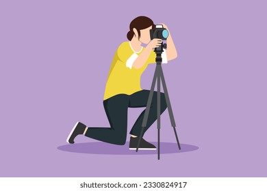 Cartoon flat style drawing beautiful professional woman photographer kneeling for taking pictures with digital camera and tripod. Digital photography hobby for girl. Graphic design vector illustration