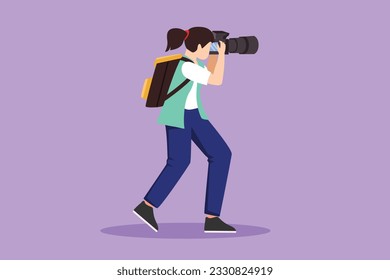 Cartoon flat style drawing beautiful female photographer standing and taking photo using camera, tourist with backpack. Woman photographer with her telephoto lens. Graphic design vector illustration