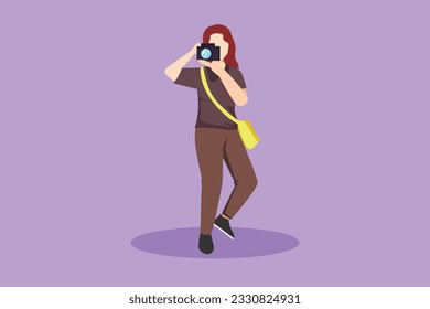 Cartoon flat style drawing beautiful woman with camera and sling bag taking pictures. Female paparazzi or journalist occupation, digital photography hobby activity. Graphic design vector illustration