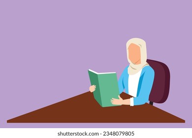 Cartoon flach gezeichnet schöne Mädchen Student sitzend am Tisch und halten Buch in Händen. Weiblich liest ein Buch. Arabische Frau, die Buch liest und sich auf die Prüfung vorbereitet. Grafikdesign, Vektorgrafik
