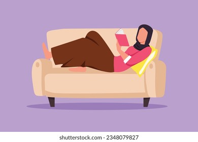 Cartoon flach gezeichnet schöne Arabian Frau auf Sofa und lesen Buch zu Hause. Weibliche Leserinnen. Selbstaufklärung, Fernstudium, Entspannung. Grafikdesign, Vektorgrafik