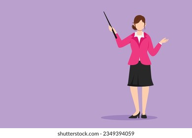 Cartoon flat style drawing of beautiful school woman teacher standing with pointer. Lecturer, instructor, businesswoman for educational concept, courses, trainings. Graphic design vector illustration