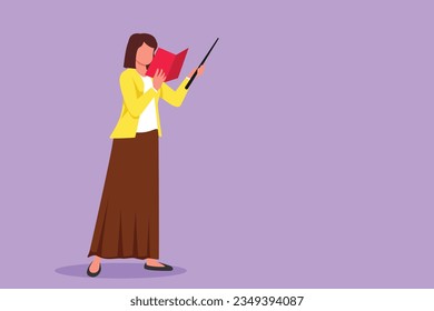 Dibujar en un plano estilo caricatura a una hermosa profesora de pie con un libro abierto, apuntando delante de la clase de enseñanza. El profesor de la universidad da una conferencia. Ilustración vectorial de diseño gráfico