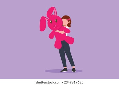 Cartoon flat style drawing beautiful little girl hugging big teddy bear. She is standing at full length and hiding behind toy. The shy beauty child with huge doll. Graphic design vector illustration