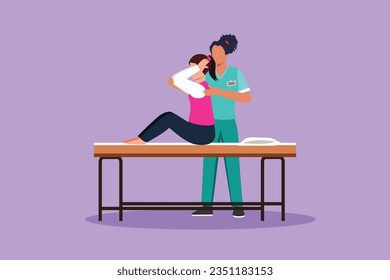 Cartoon flat style drawing beautiful woman sitting on massage table masseur doing healing treatment massaging injured patient manual physical therapy rehabilitation. Graphic design vector illustration