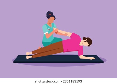 Cartoon flat style drawing beautiful woman patient lying on the floor masseur therapist doing healing treatment massaging patient body manual sport physical therapy. Graphic design vector illustration