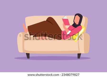 Cartoon flat style drawing beautiful Arabian woman laying on sofa and reading book at home. Female reading book. Self education, distance studying, relaxing concept. Graphic design vector illustration
