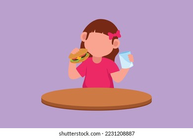 Cartoon flat style drawing beauty little girl sitting at table and eating hamburger. Tasty street burger fast food concept. Unhealthy snack for preschool kid child. Graphic design vector illustration