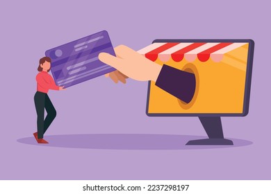 Cartoon flat style drawing beauty female inserting credit card into large canopy monitor screen and accepted by big hand. Digital payment and online store concept. Graphic design vector illustration