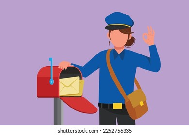 Cartoon flat style drawing beauty postwoman holding envelope on mail box with okay gesture, wearing hat, bag, uniform, working hard to delivery mail to home address. Graphic design vector illustration