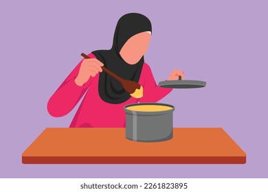 Caricatura de estilo plano dibujando a un ama de casa de belleza disfrutando del olor a cocina de la olla. Mujer árabe prepara comida para la cena familiar en la cocina. Cocina en casa. Alimentos saludables. Ilustración vectorial de diseño gráfico